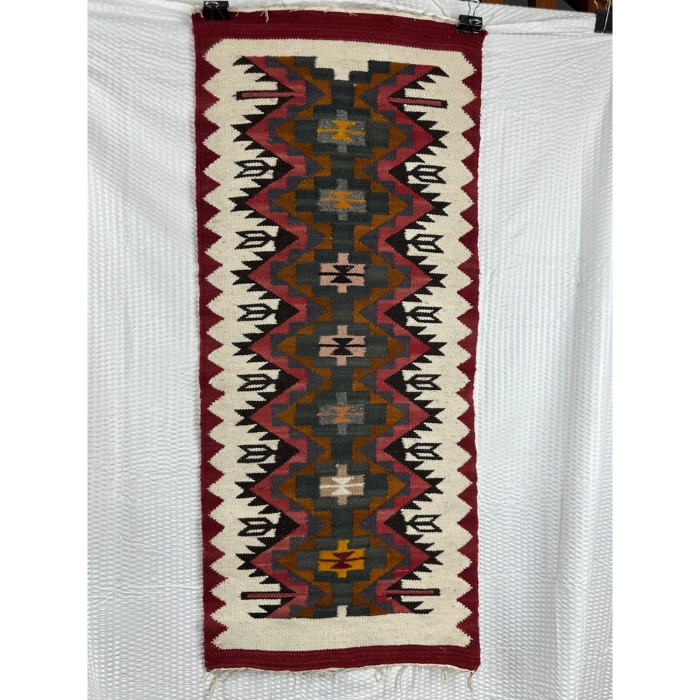 Vintage Peruvian Andean Wool Tapestry 36x16 Handwoven Geometric Wall Hanging